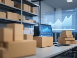 Ufficio e-commerce con schermate di vendite e confezioni ordinarie su scaffali moderni