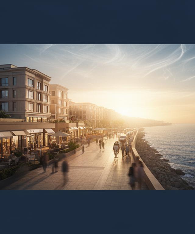 Panorama della Riviera Romagnola con hotel, passeggiata sul mare e attività commerciali al tramonto
