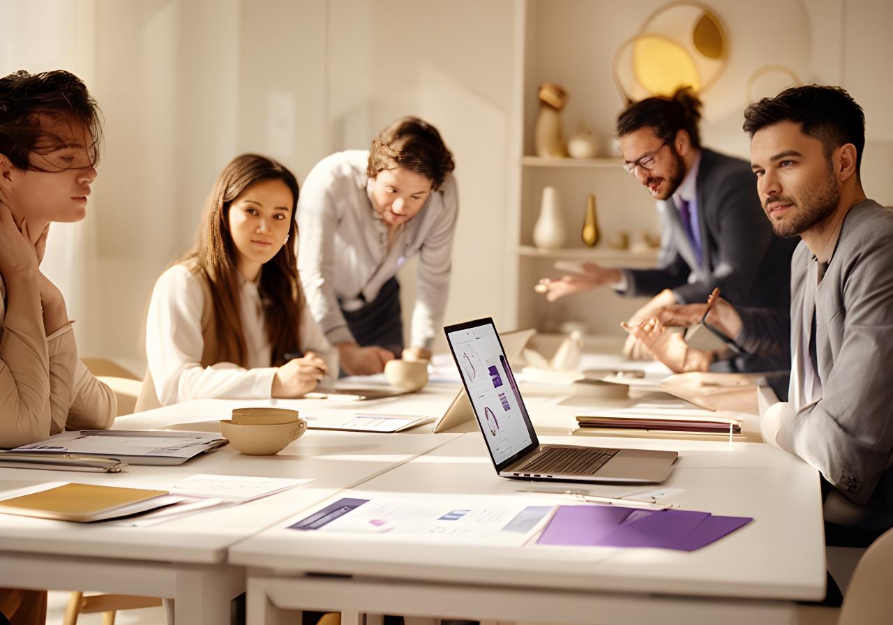 Team di consulenza in un ufficio moderno a Rimini, con luce naturale e tavolo di lavoro ordinato