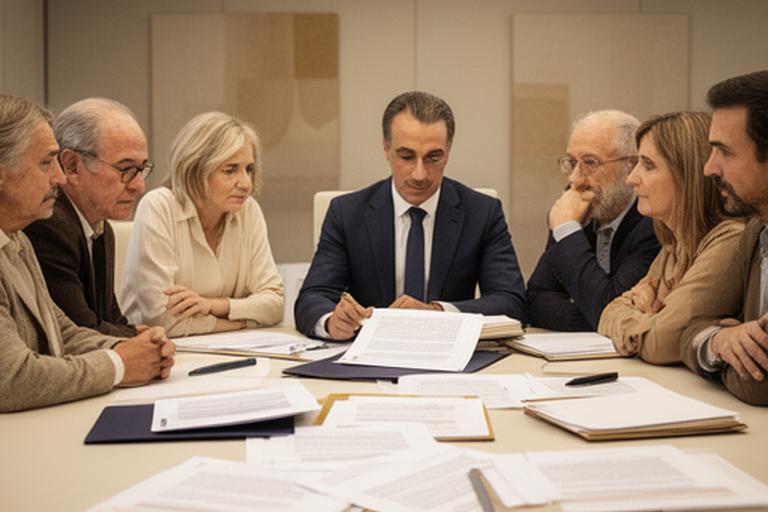 Famiglia imprenditoriale italiana riunita in una sala riunioni con fascicoli societari e un consulente che mostra una bozza di patto parasociale