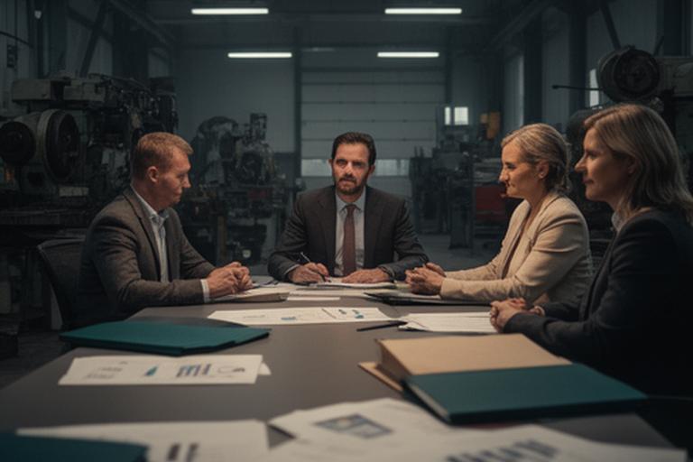 Famiglia imprenditoriale in stabilimento meccanico con tavolo riunioni e documenti societari