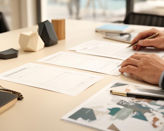 Tavolo di consulenza con documenti, planimetrie e taccuini in uno studio professionale della Riviera Romagnola