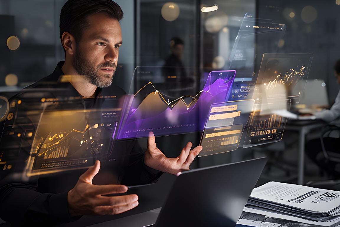 Fondatore di startup davanti a schermi con grafici finanziari e dashboard digitali in un ufficio moderno