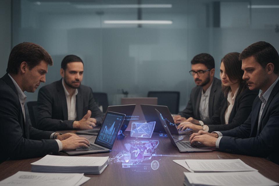 Team internazionale riunito attorno a un tavolo con documenti, laptop e grafici per una trattativa cross-border