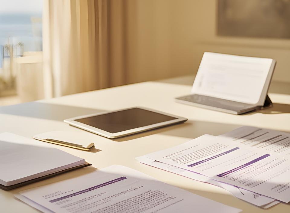 Scrivania professionale con documenti legali, tablet e taccuino in uno studio luminoso a Rimini